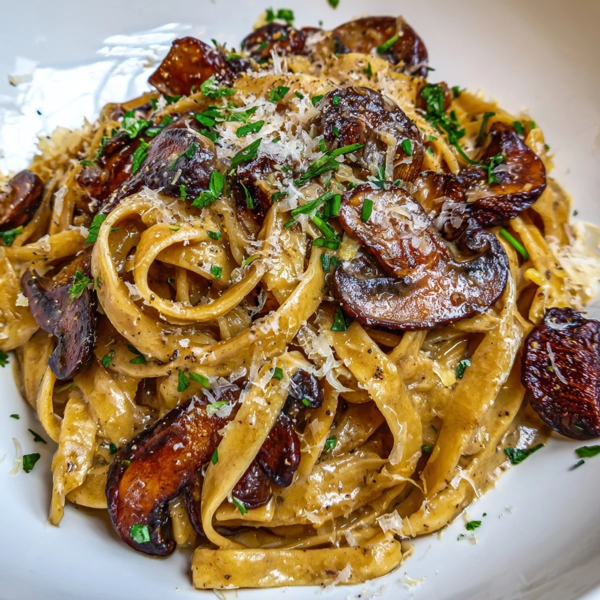 Twirls of creamy brown butter mushroom pasta coated in a velvety parmesan sauce