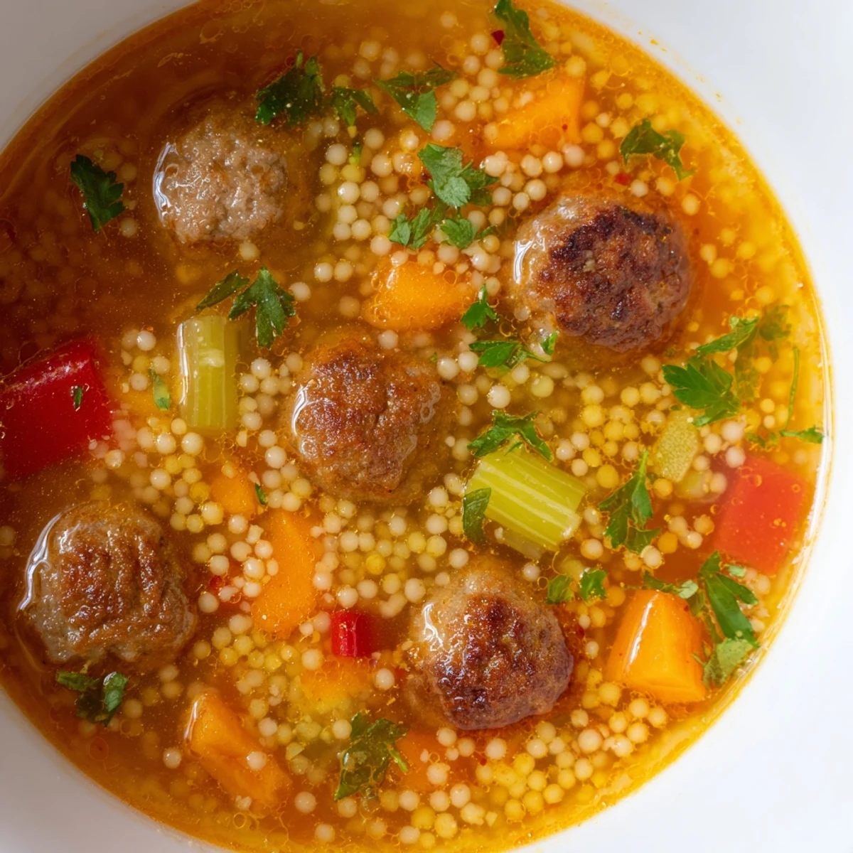 Steaming bowl of Mini Moroccan Meatball Couscous Soup topped with fresh cilantro