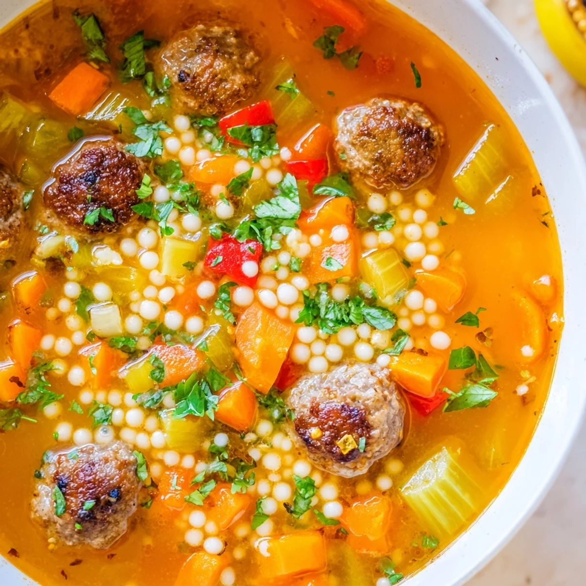 Golden spiced mini meatballs floating in a rich Moroccan-inspired tomato broth with couscous