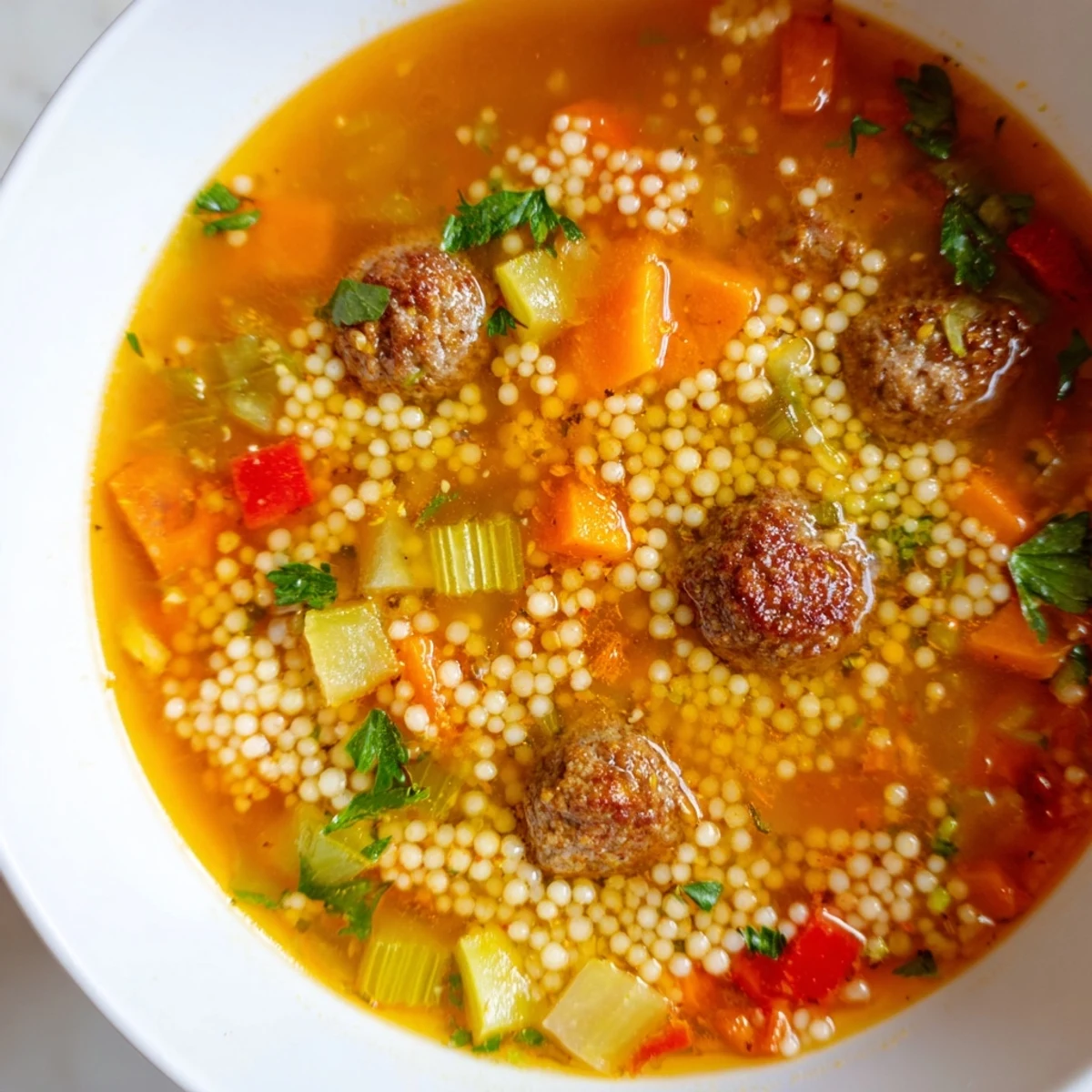 Mini Moroccan Meatball Couscous Soup served in a rustic bowl with warm flatbread beside it