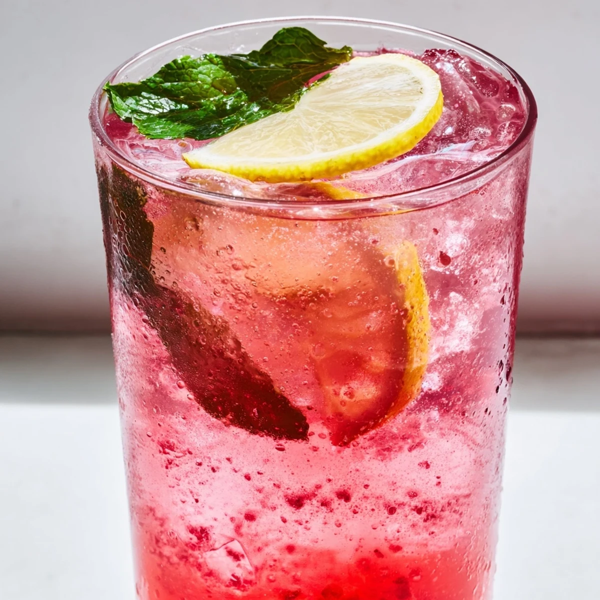 Bubbly honey lemon pink soda poured over ice with fresh mint garnish