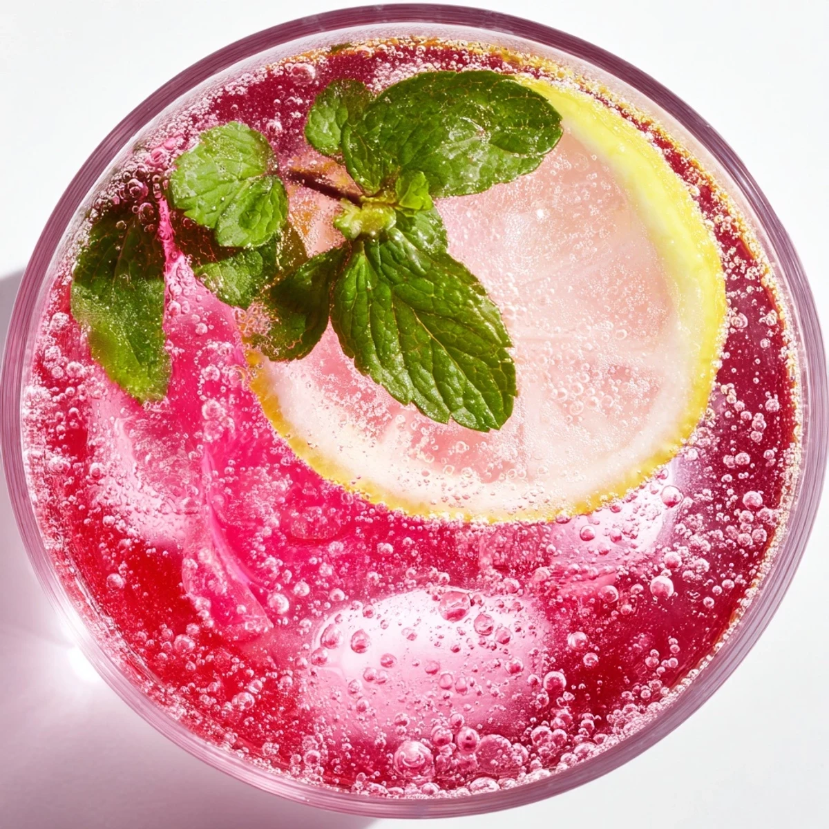 Sparkling honey lemon pink soda in a tall glass with raspberry undertones