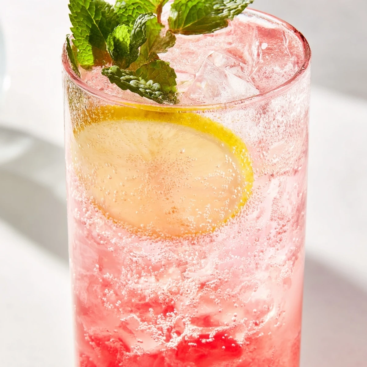 Refreshing honey lemon pink soda topped with lemon slices and crushed ice