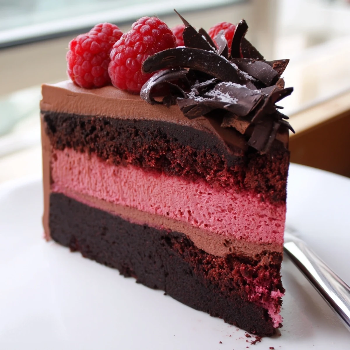 A glossy Raspberry Chocolate Mousse Cake slice topped with fresh berries and chocolate curls.
