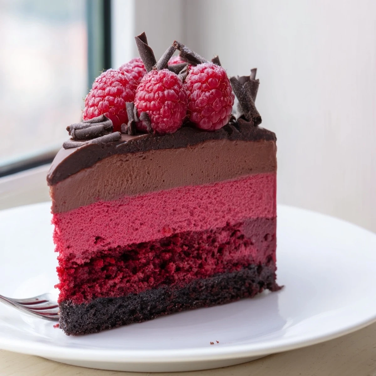 Tall Raspberry Chocolate Mousse Cake layered with velvety mousse and jewel-toned raspberry filling.