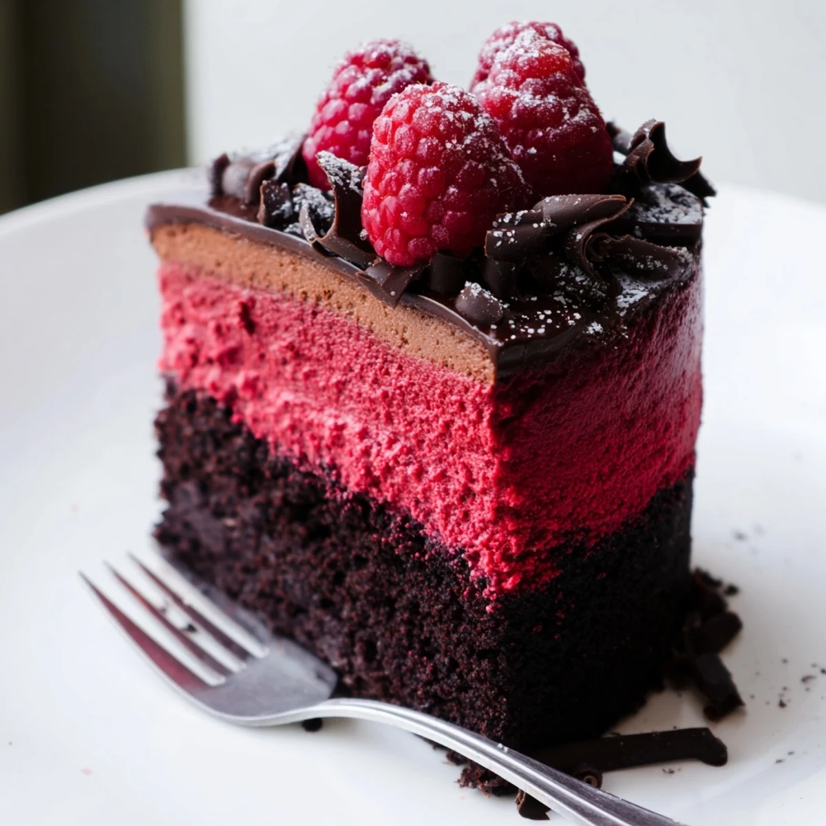 Elegant Raspberry Chocolate Mousse Cake dusted with powdered sugar on a white dessert plate.