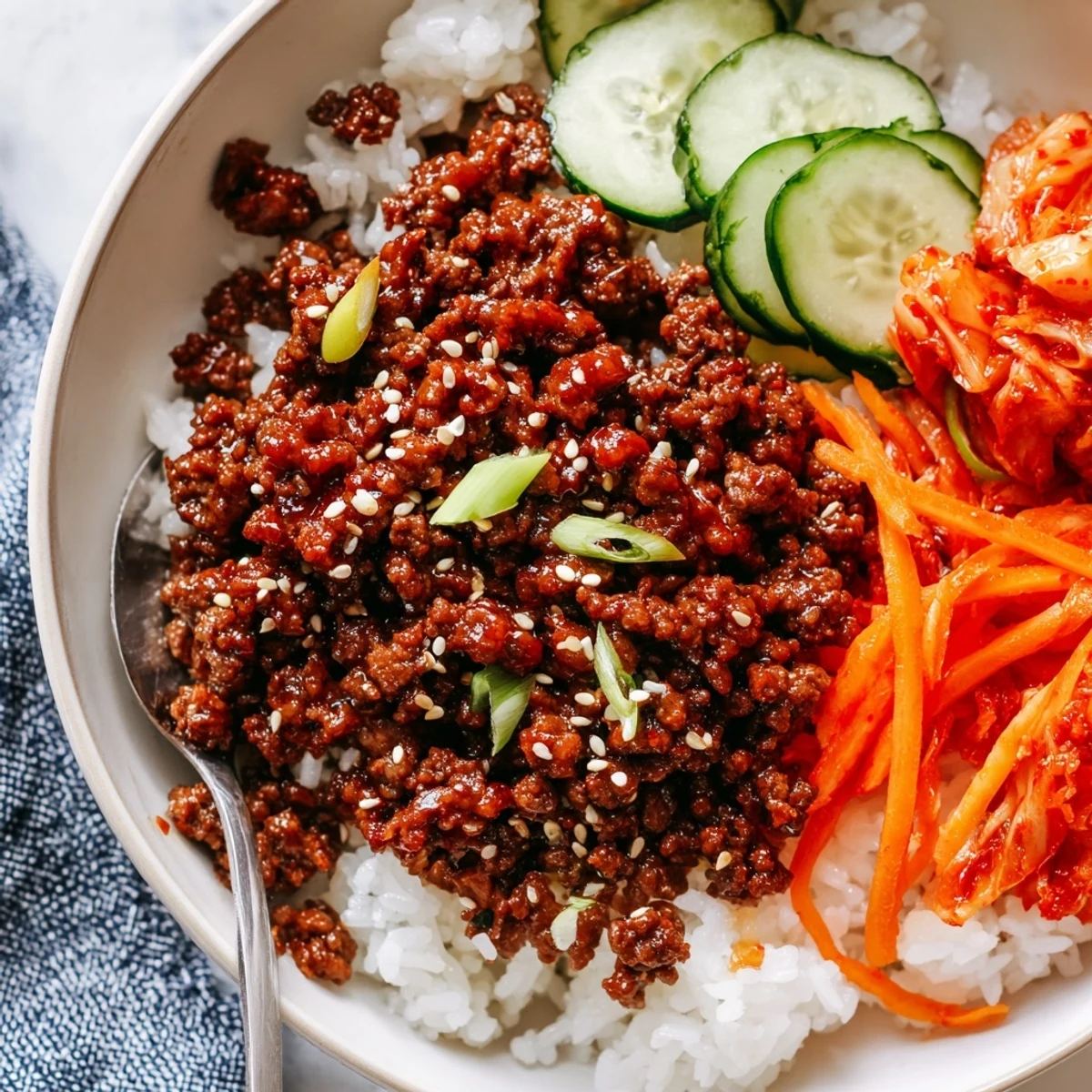 Korean ground beef bowl glistening with sesame glaze over fluffy steamed white rice
