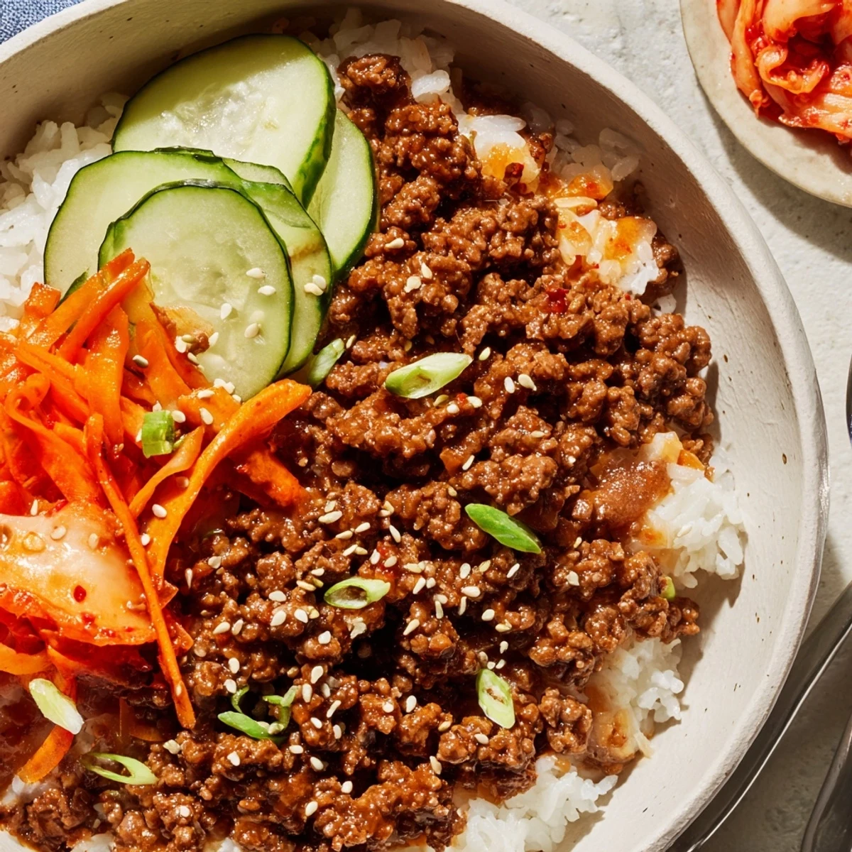 Warm Korean ground beef bowl draped in sweet spicy sauce with fresh garnishes