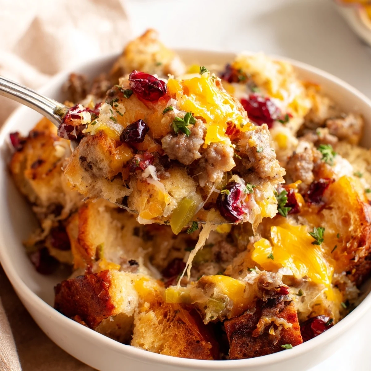 Golden-baked cranberry sausage stuffing breakfast casserole with melted cheddar and fresh herbs