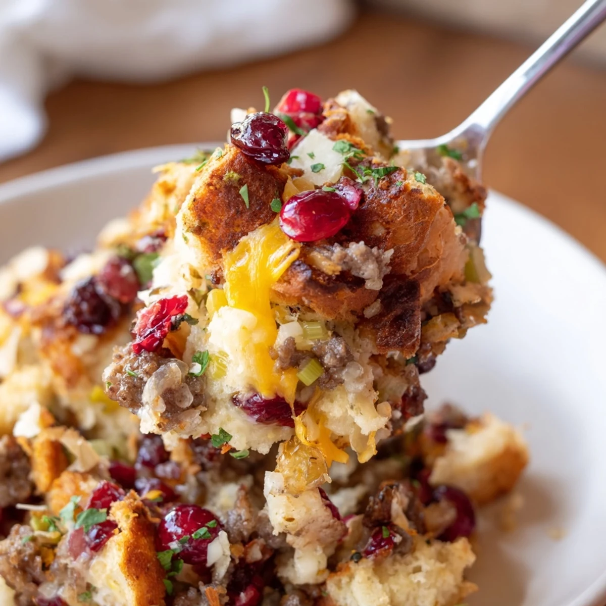 Bubbling cranberry sausage stuffing breakfast casserole fresh from the oven in a rustic dish