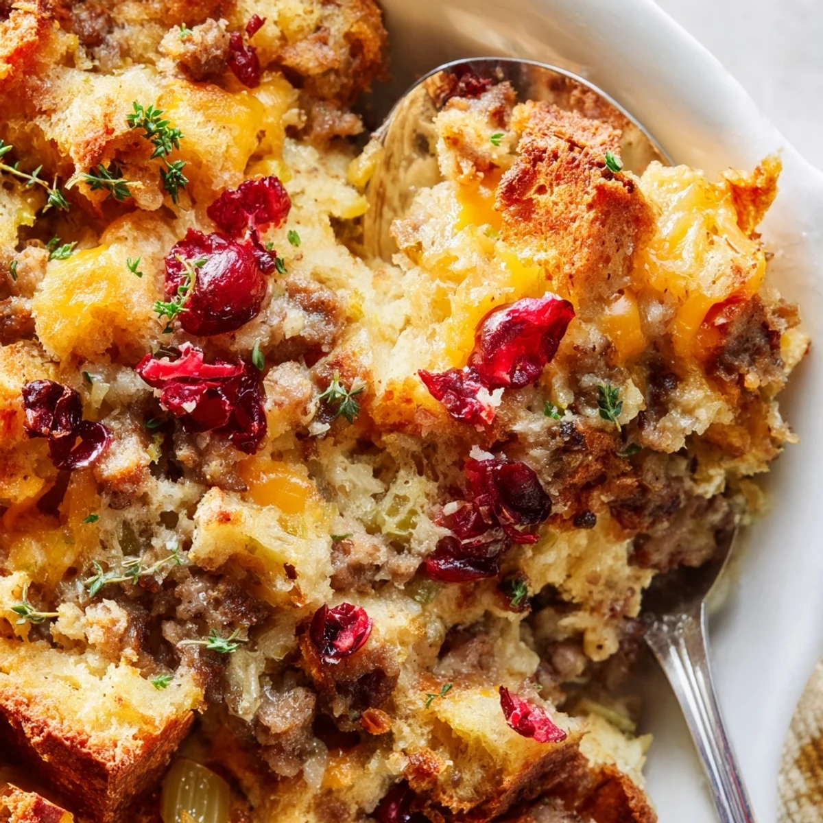 Cranberry sausage stuffing breakfast casserole scooped onto a plate with scattered cranberries and parsley