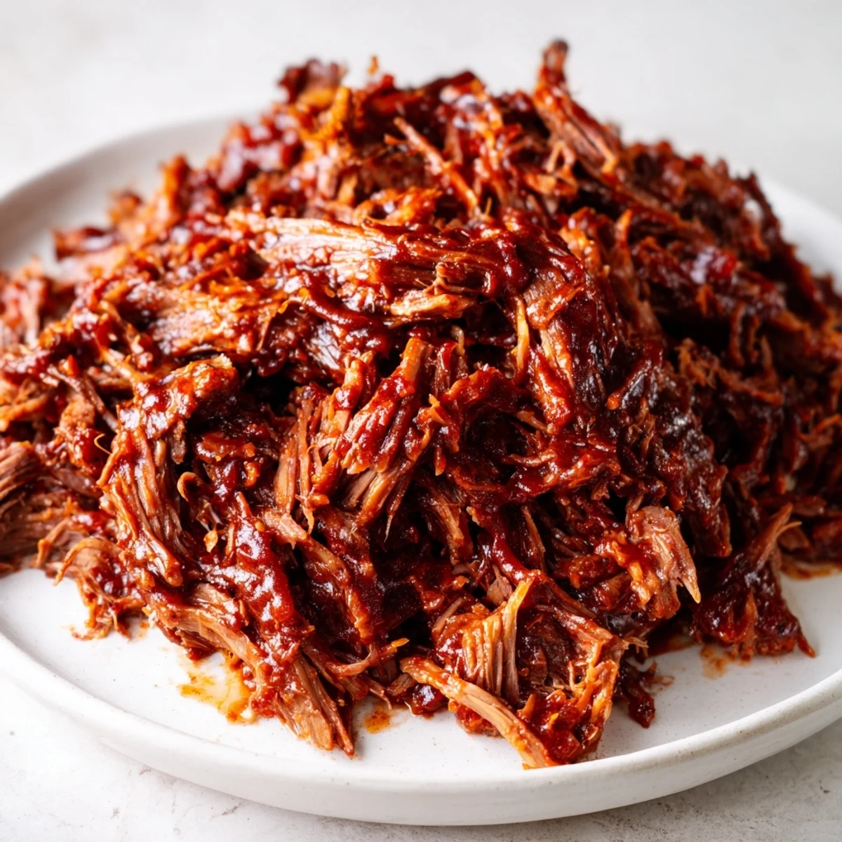Tender slow cooker BBQ pulled beef glistening in tangy sauce on a rustic cutting board