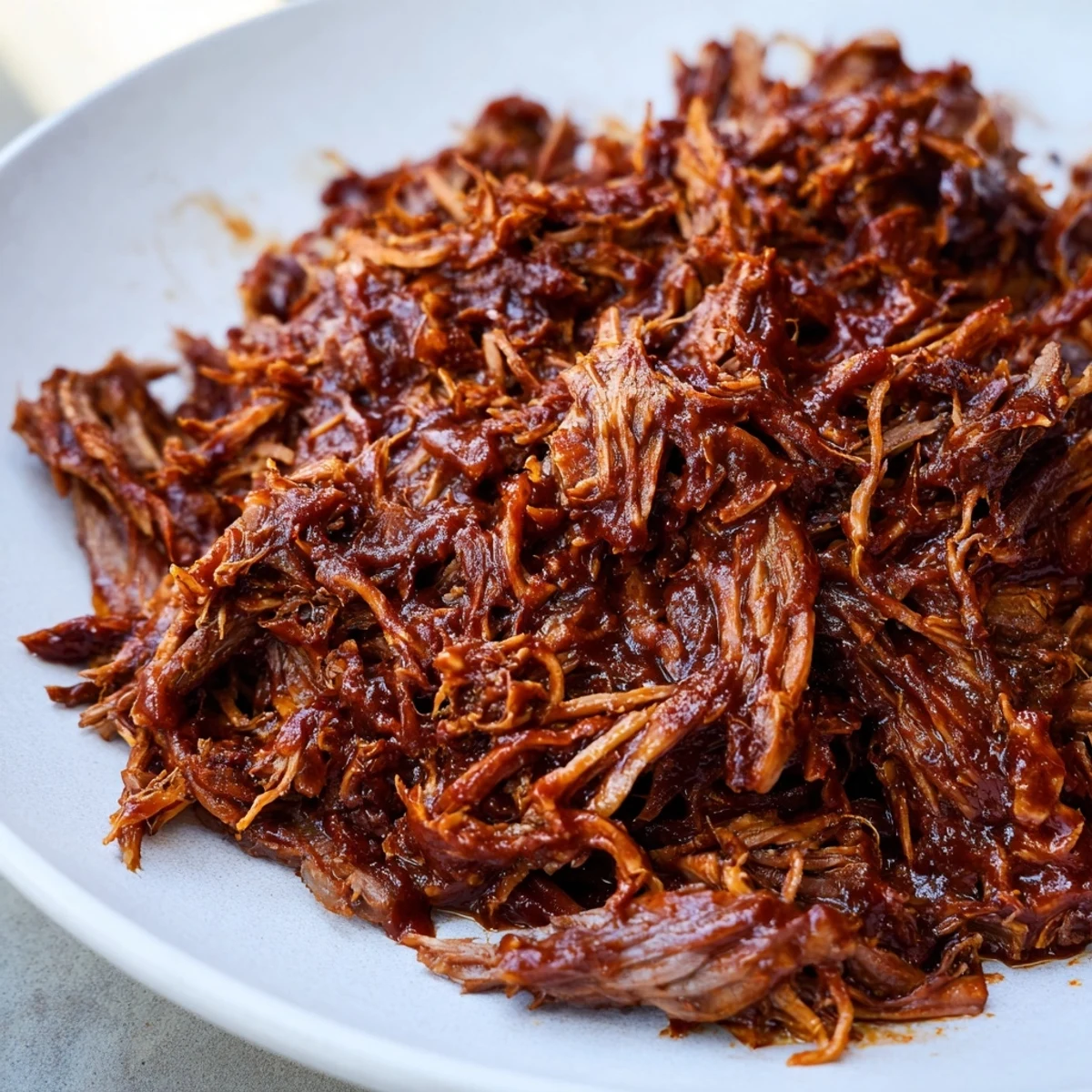 Hearty slow cooker BBQ pulled beef overflowing a crusty roll dripping with sweet smoky glaze
