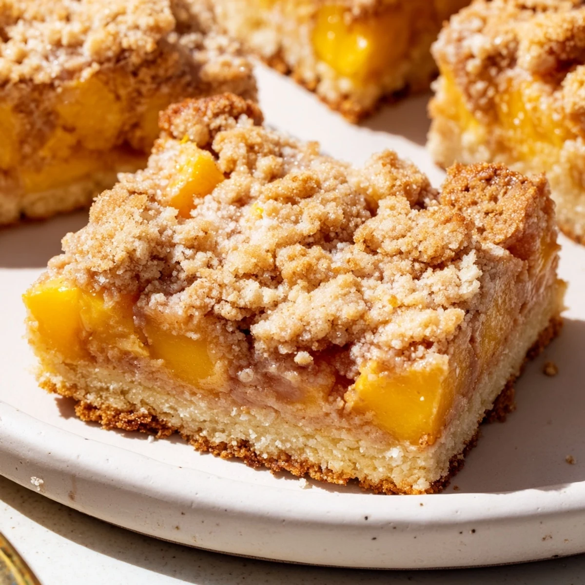 Golden sweet and buttery peach bars with cinnamon streusel on a rustic baking sheet