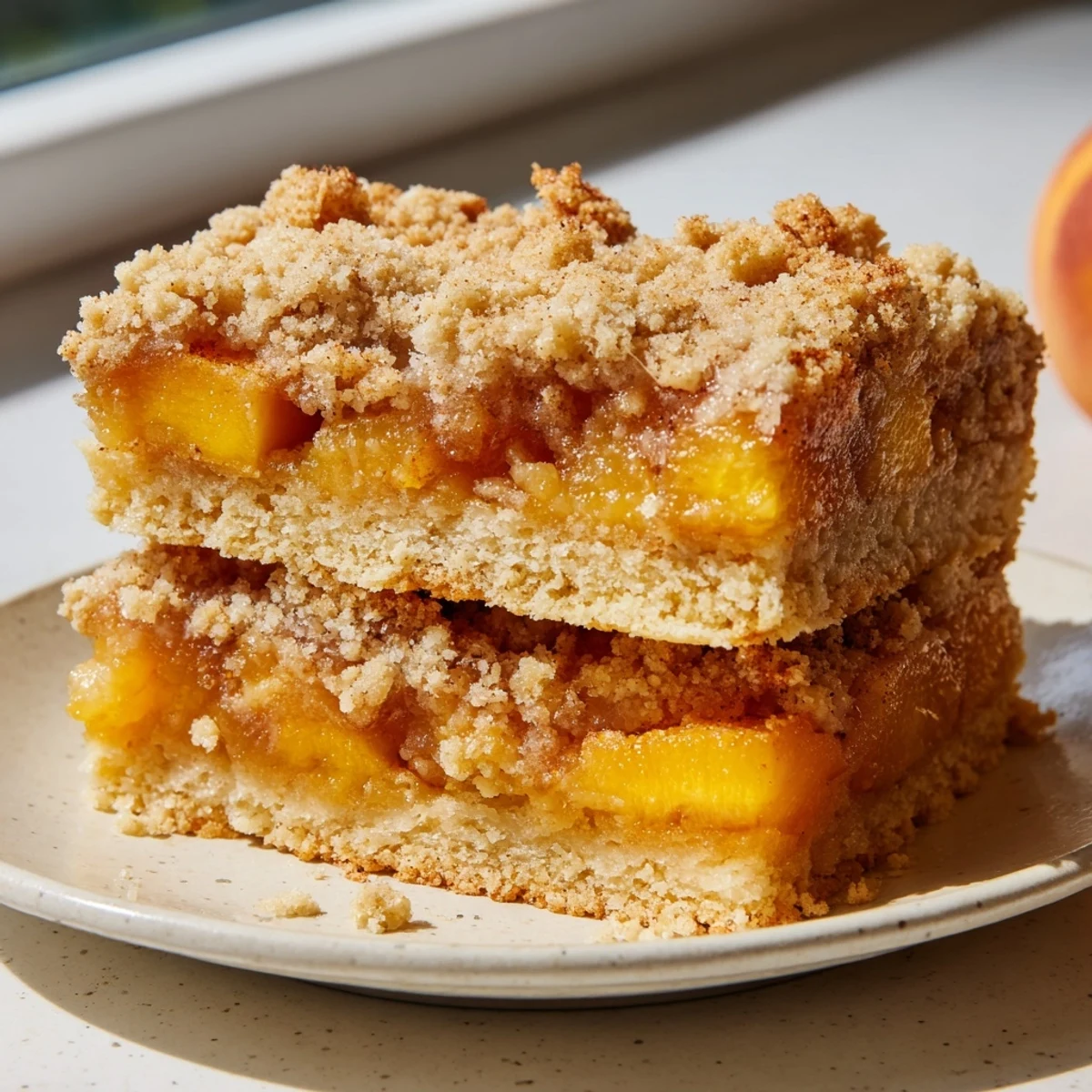 Sweet and buttery peach bars with cinnamon streusel cut into warm gooey squares