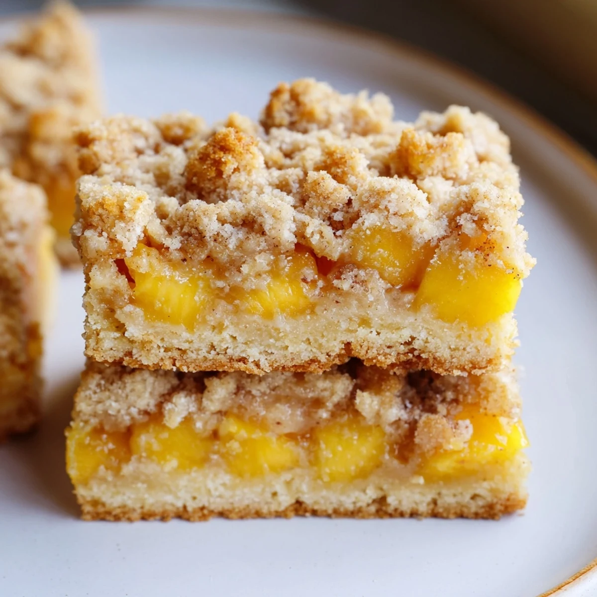 Chilled sweet and buttery peach bars with cinnamon streusel plated alongside vanilla ice cream