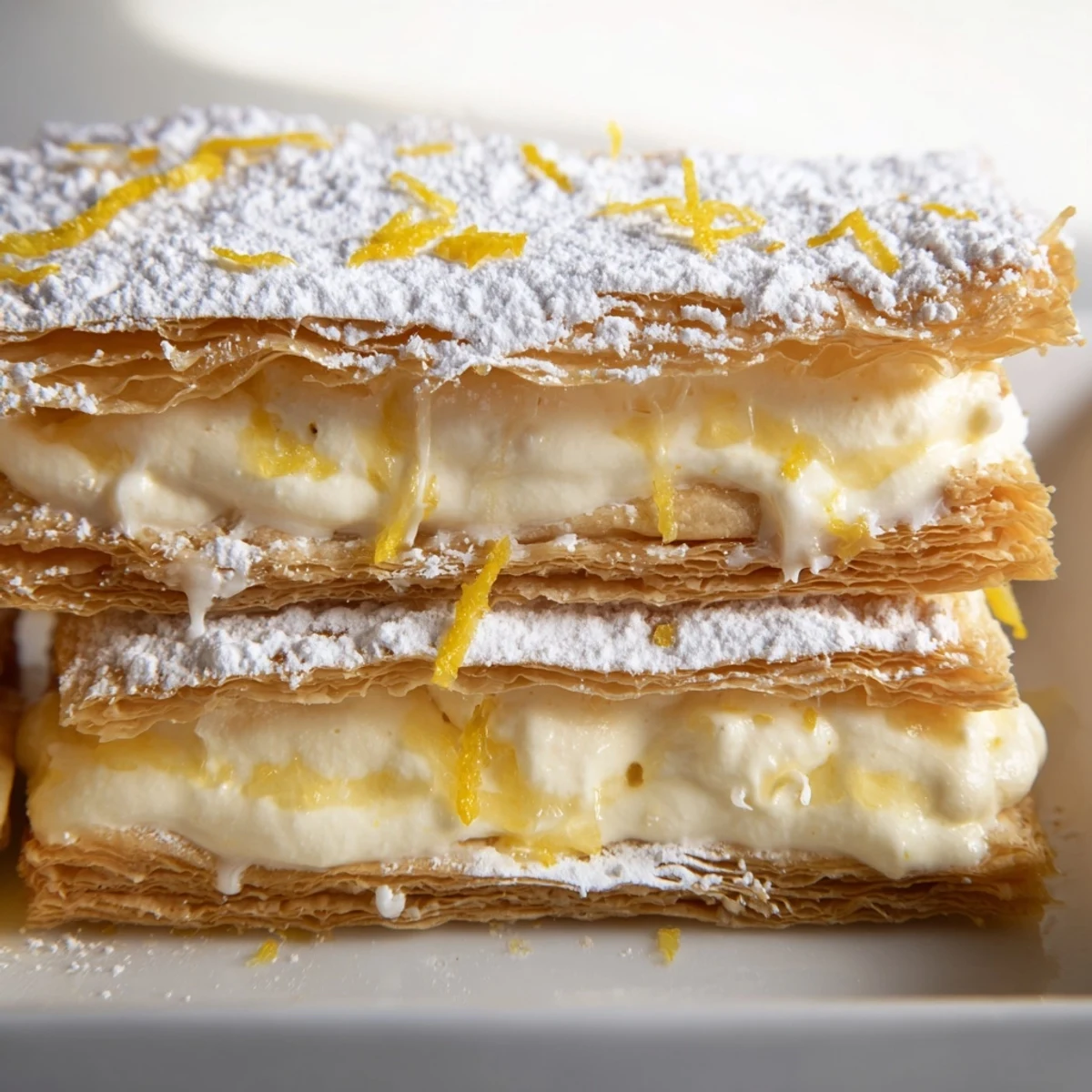 Golden puff pastry layers with creamy lemon ricotta filling dusted in powdered sugar