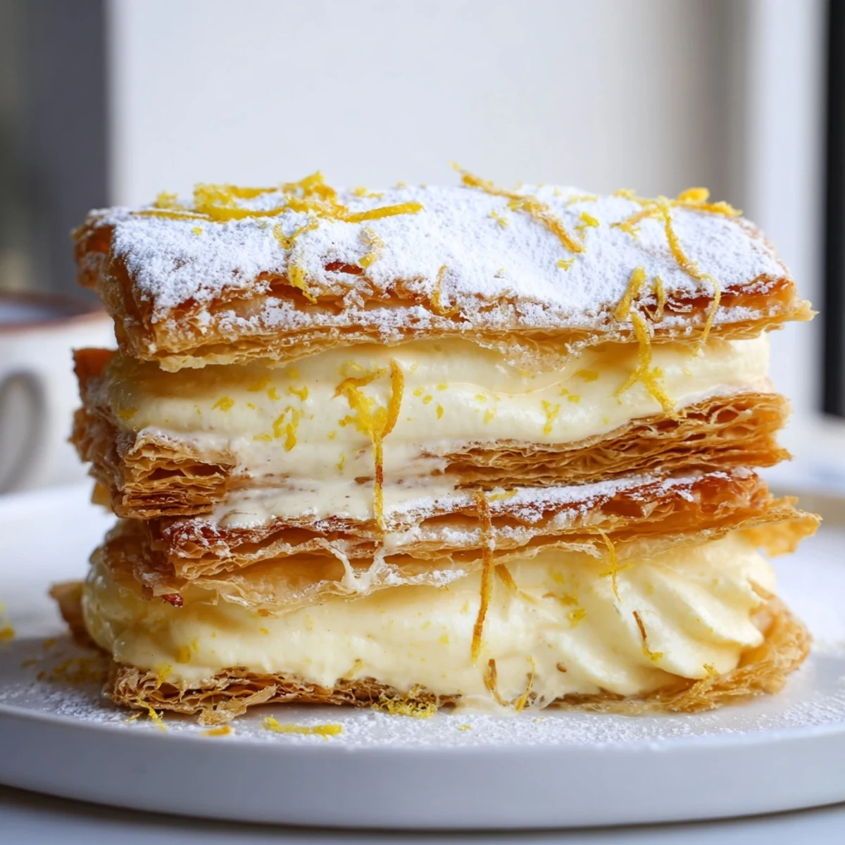 Crisp mille feuille stacked with bright lemon ricotta cream and citrus zest