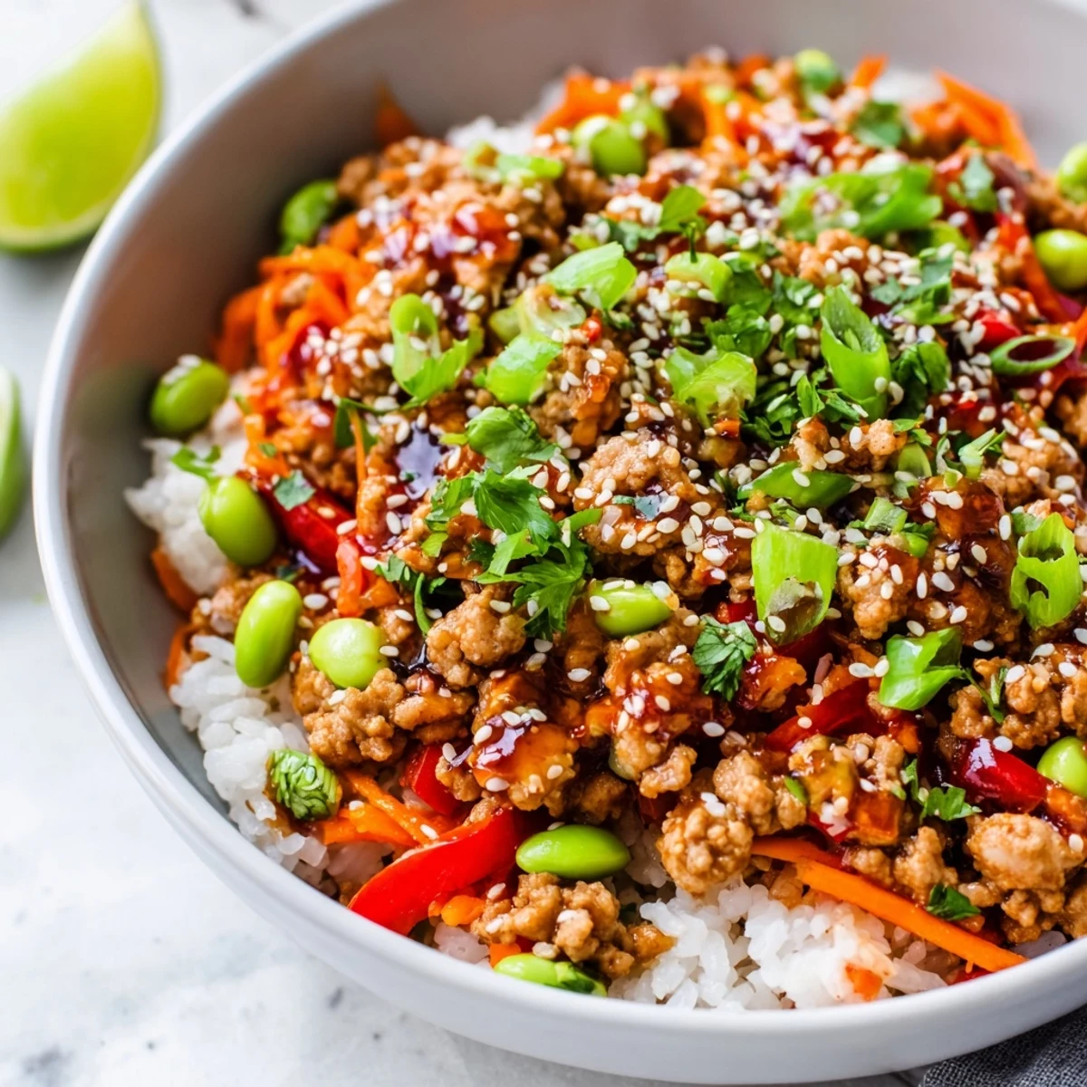 Ground Turkey Rice Bowls topped with sesame seeds and fresh cilantro on white rice
