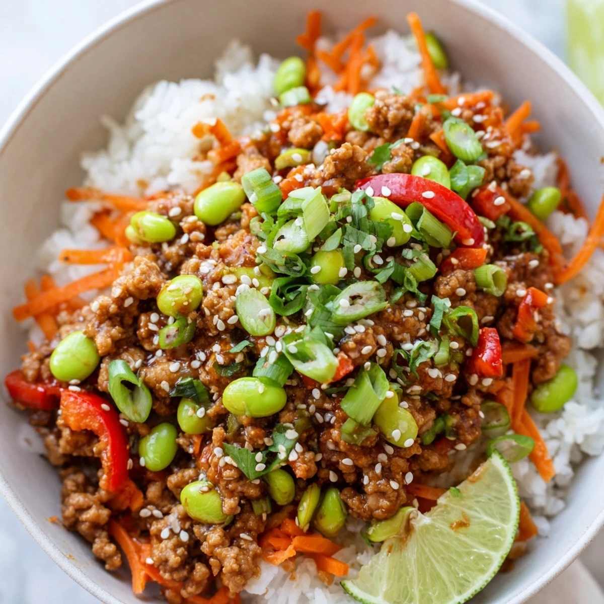 Hearty Ground Turkey Rice Bowls with colorful bell peppers and shredded carrots in savory sauce