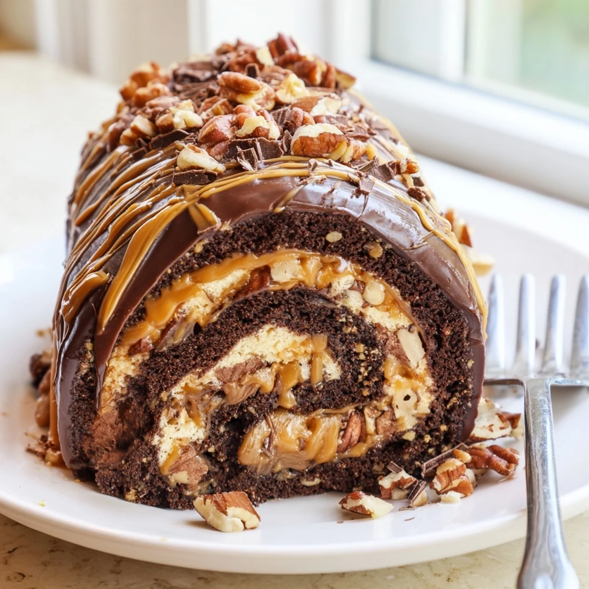 Gooey Chocolate Caramel Turtle Cake Roll sliced open revealing rich caramel and pecan filling