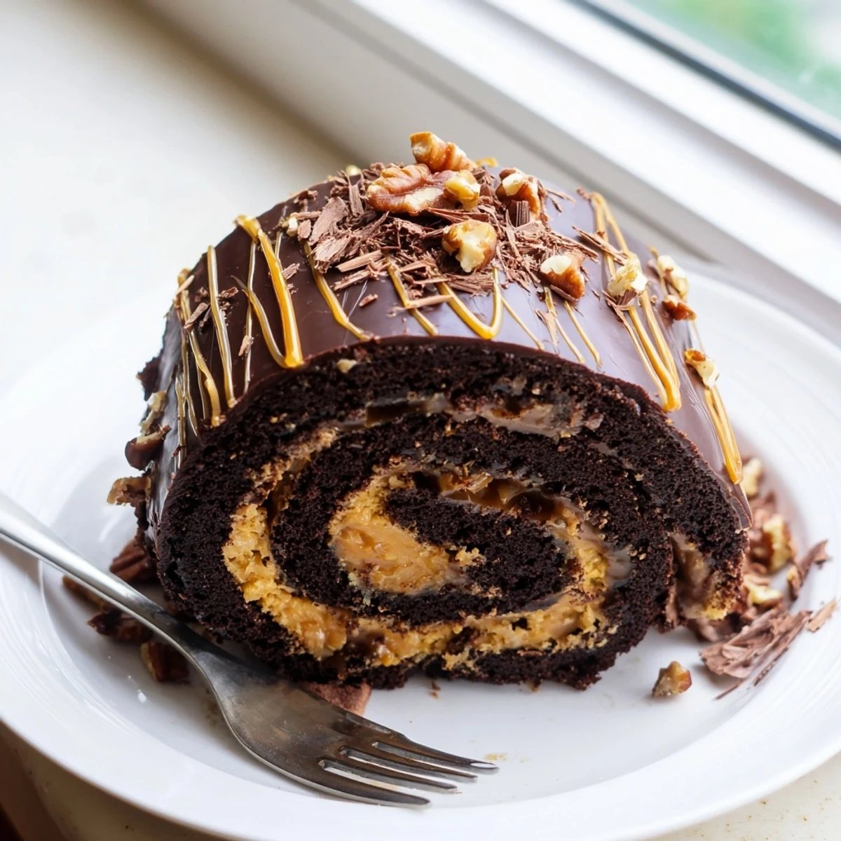 Gooey Chocolate Caramel Turtle Cake Roll topped with glossy ganache drizzled with golden caramel