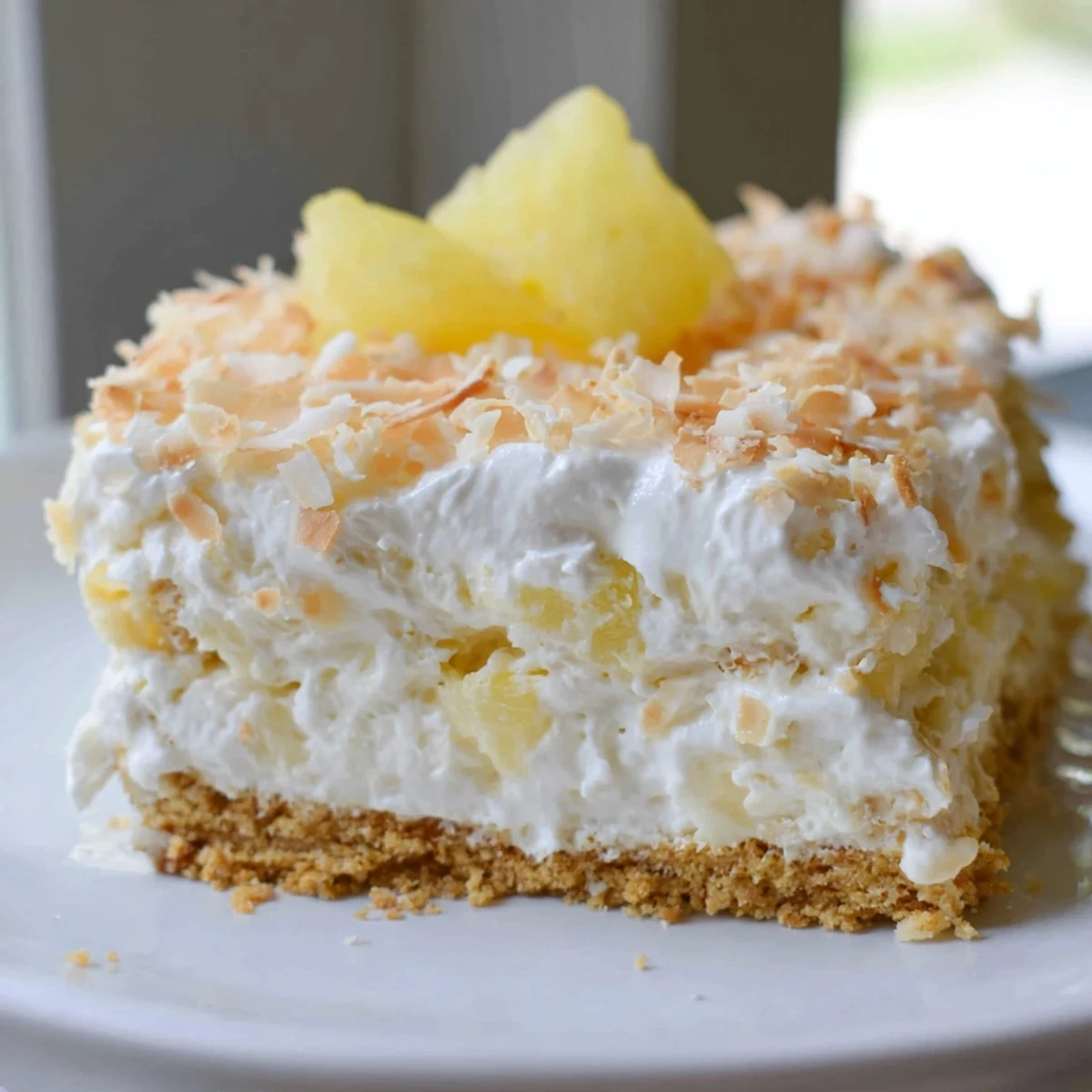 Creamy no bake pineapple coconut cream cake sliced on a rustic white plate with toasted coconut topping