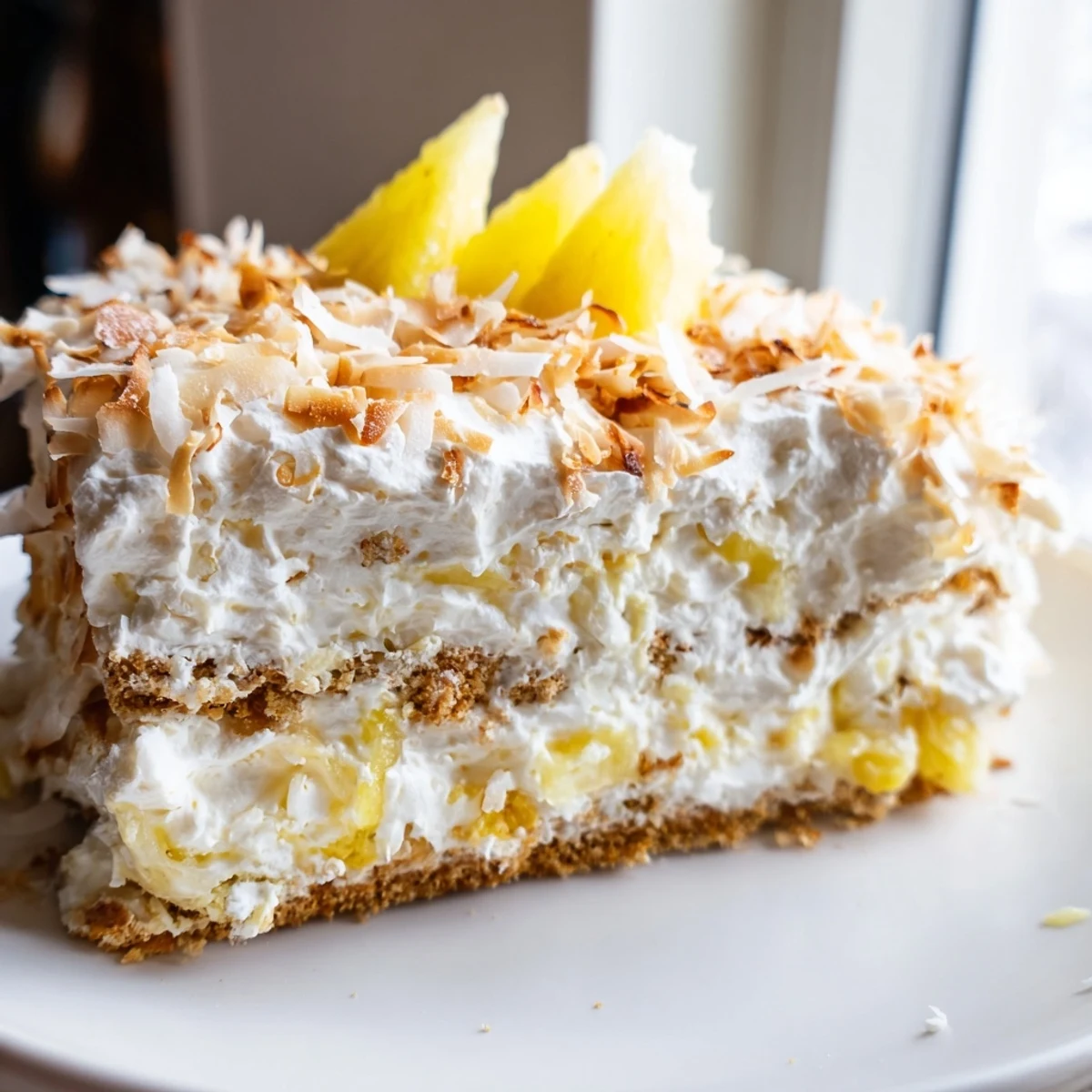 Chilled no bake pineapple coconut cream cake garnished with golden toasted coconut and fresh pineapple chunks