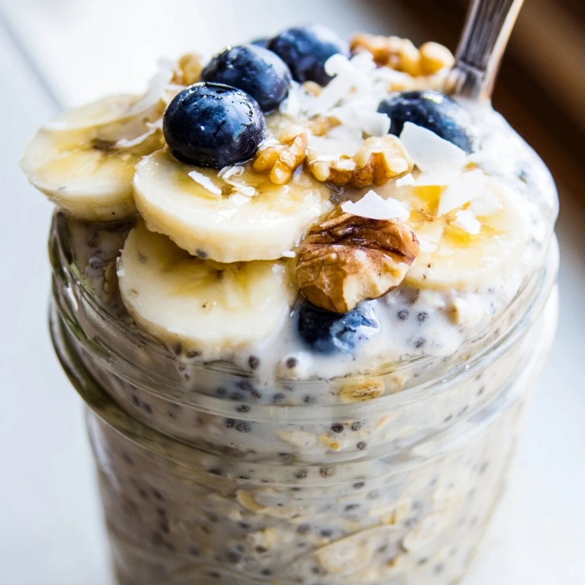 Creamy protein overnight oats topped with fresh berries and sliced banana in a glass jar