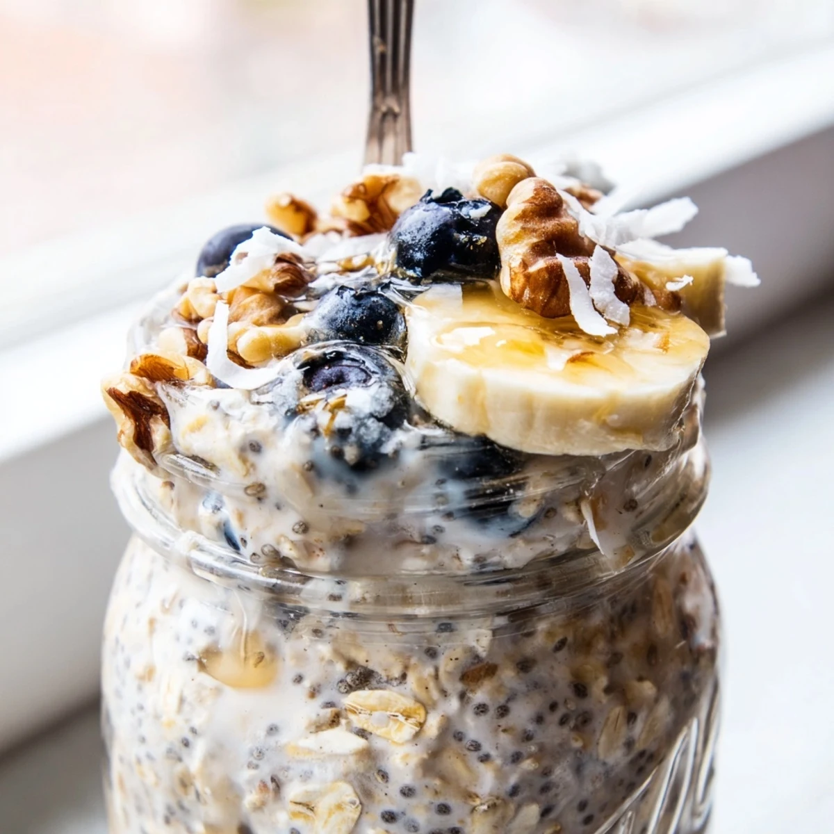 Thick protein overnight oats swirled with honey and topped with crunchy chopped nuts