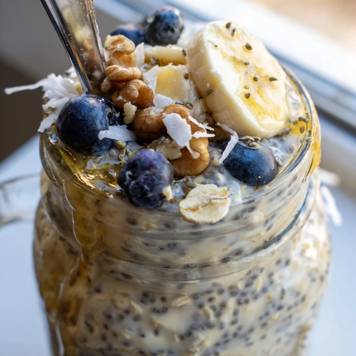 Cold protein overnight oats served in a mason jar with a golden maple drizzle