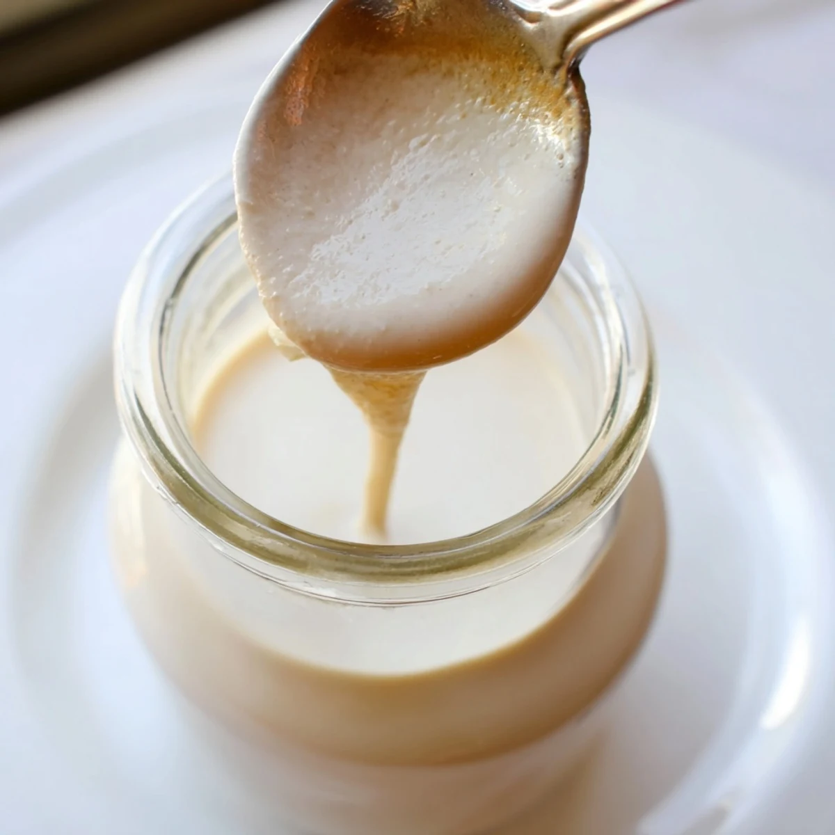 Thick golden condensed coconut milk drizzling from a spoon into a glass jar