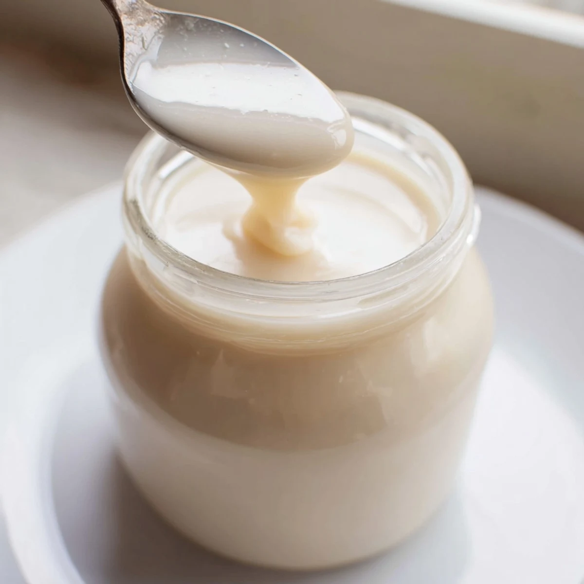 Creamy condensed coconut milk simmering in a saucepan on a stovetop