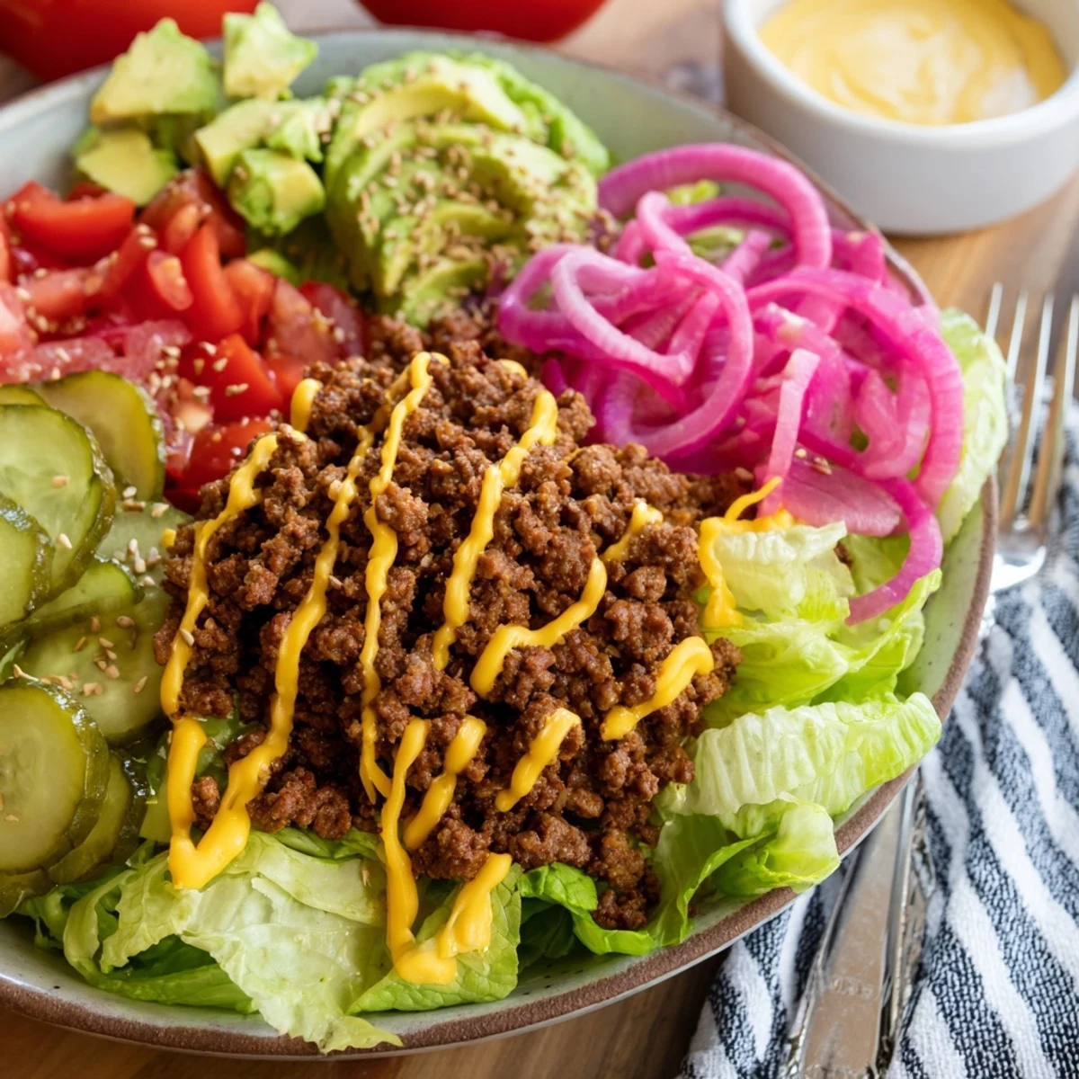 Savory low-carb burger bowls with seasoned beef, fresh veggies, and melted cheddar