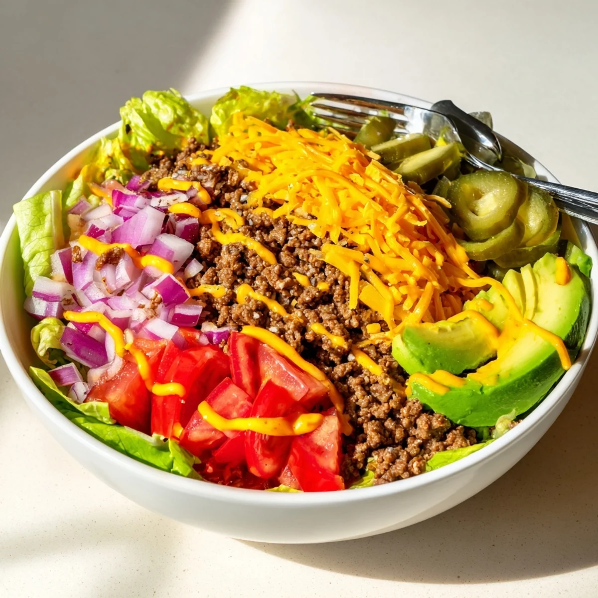 A fork-friendly meal featuring burger bowls topped with cheese, pickles, and sauce