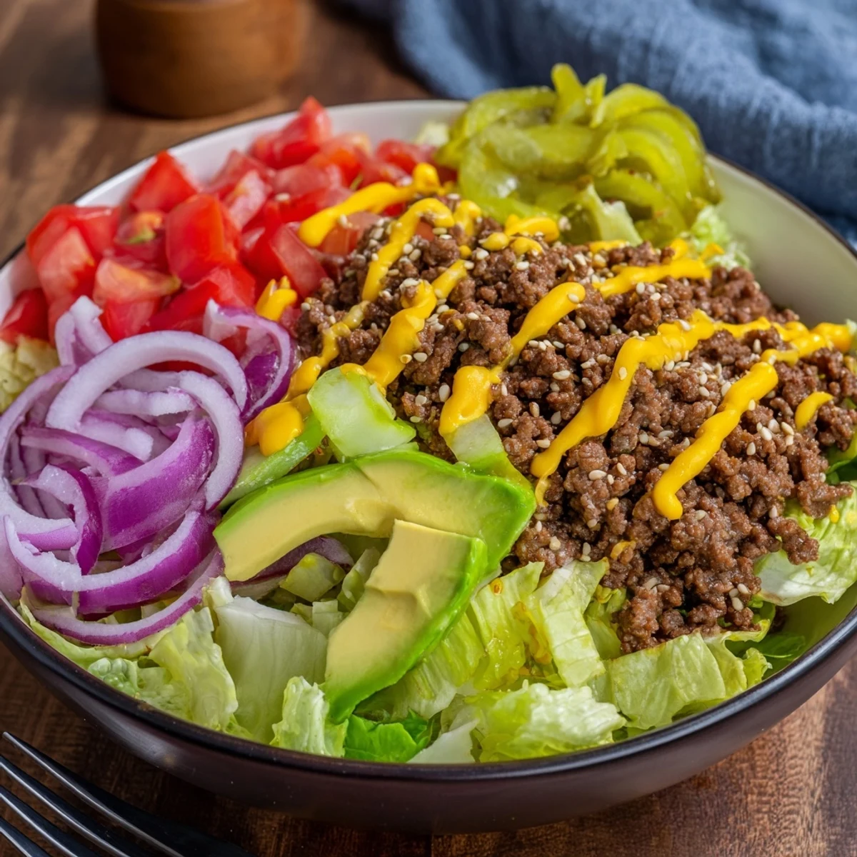 Burger bowls loaded with juicy ground beef, crisp lettuce, and classic toppings