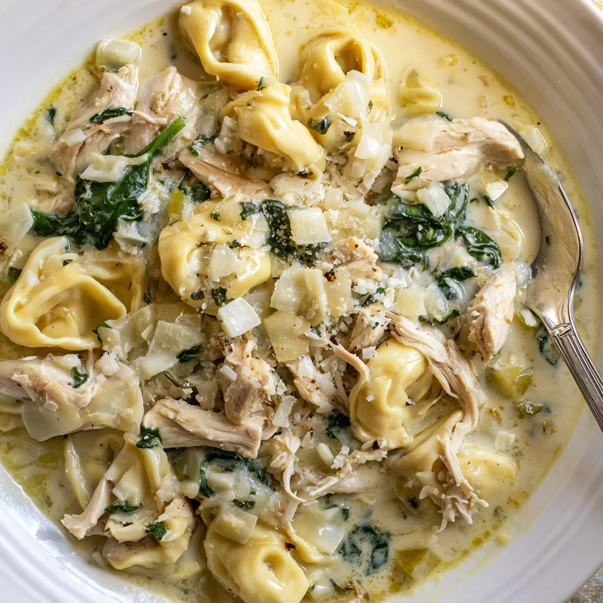 Hearty slow cooker chicken tortellini plated with vibrant carrots, celery, and a heavy cream sauce