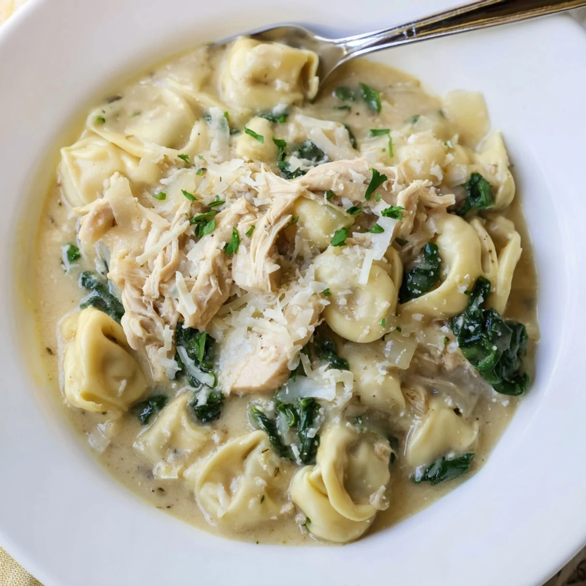 Savory shredded chicken and cheese tortellini in a rich broth garnished with chopped parsley and cheese