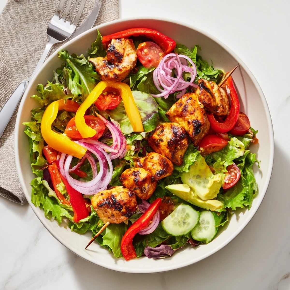 Vibrant BBQ chicken skewer salad bowl with grilled chicken, fresh greens, avocado, and zesty honey mustard dressing.