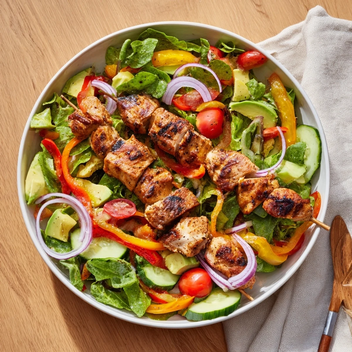Charred BBQ chicken skewers resting atop a crisp salad with colorful bell peppers, cucumber, and juicy tomatoes.