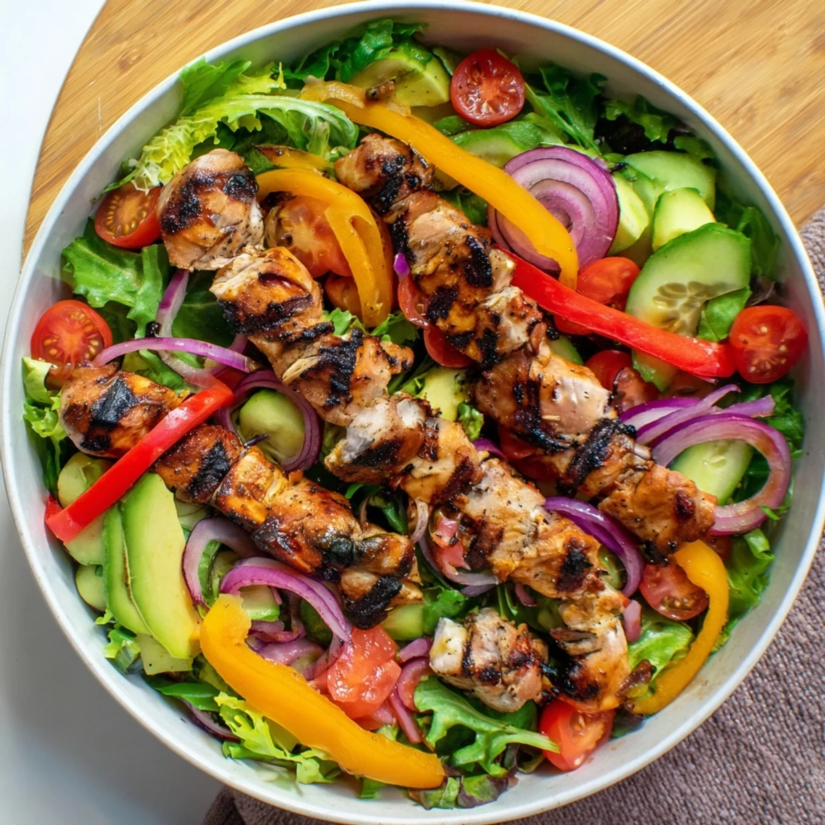 Sliced BBQ chicken skewers arranged over mixed greens, red onion, and avocado slices in a summer salad.