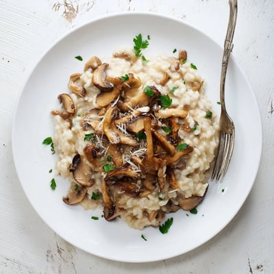 Velvety Creamy Mushroom Risotto topped with sautéed mushrooms and parsley, served ready to eat.