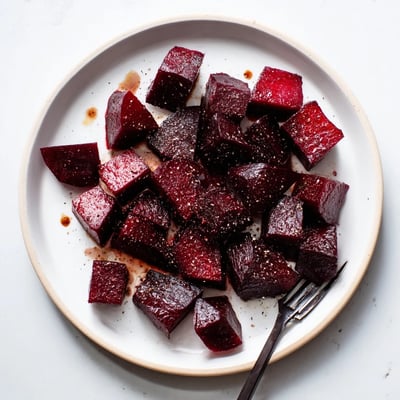 Freshly roasted Easy Roasted Beets are served warm on a white plate, garnished with thyme and a drizzle of balsamic vinegar for a flavorful side.