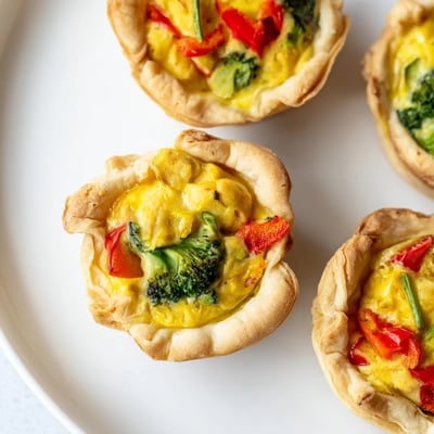 A close-up of a bite-sized vegan mini quiche showcases a fluffy chickpea filling and a flaky pastry crust.