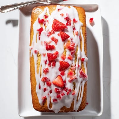 This moist Moist Strawberry Milkshake Pound Cake is topped with fresh strawberry pieces on a rustic wooden board.