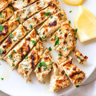 Juicy Greek yogurt marinated chicken fresh off the grill with char marks