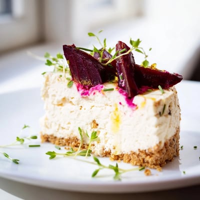 Golden-crusted savoury cheesecake layered with caramelized beetroot wedges and a drizzle of olive oil
