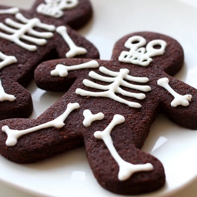 Dark chocolate cinnamon skeleton cookies with intricate royal icing bones displayed on a rustic tray