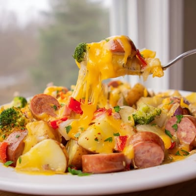 Smoky cheesy kielbasa skillet bubbling with tender broccoli and gooey melted cheese