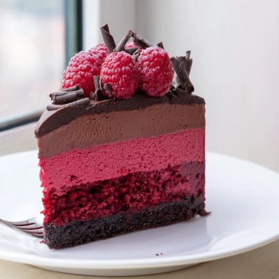 Tall Raspberry Chocolate Mousse Cake layered with velvety mousse and jewel-toned raspberry filling.